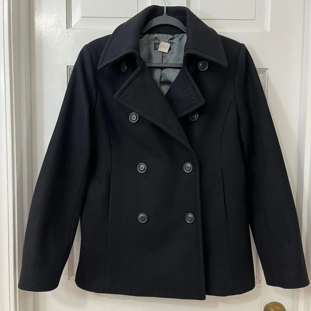 J Crew Womens M Black Wool Double Breasted Pea Coat Jacket Classic Thinsulate - Picture 1 of 4